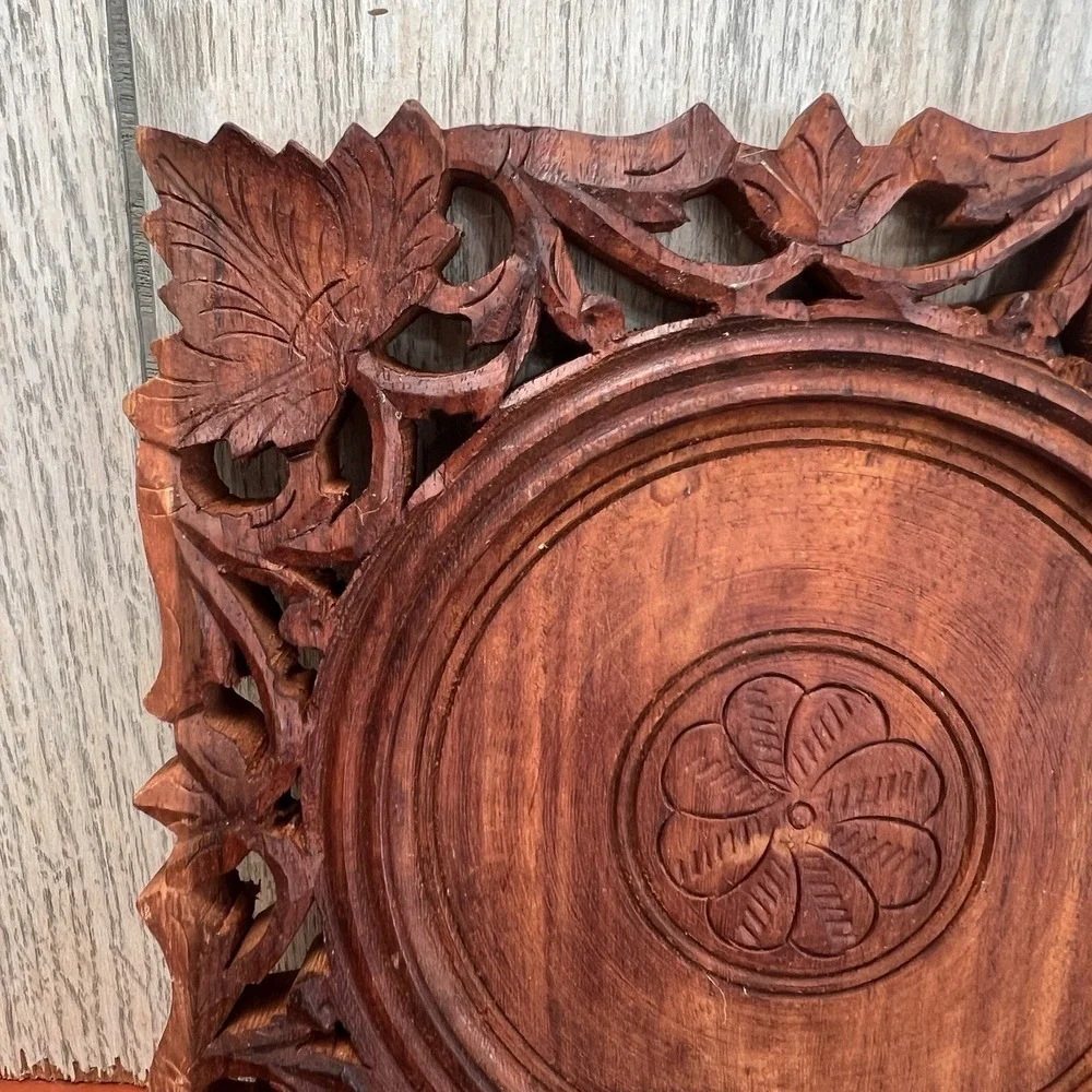Vintage Teak Hand Carved Wooden Trivet/ Hot Plate Made in India
